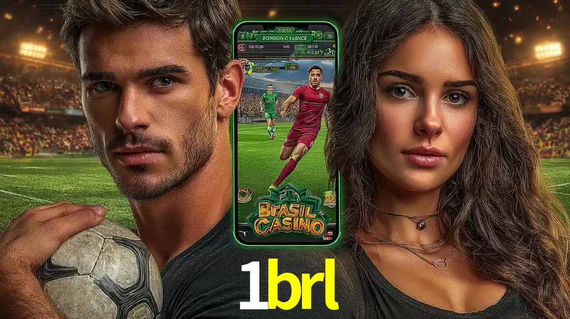 Homem segurando uma bola de futebol e uma mulher ao lado de um smartphone exibindo o jogo de apostas esportivas da 1brl. Faça seu palpite no cassino online.